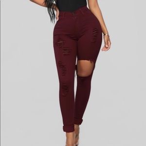 maroon ripped jeans